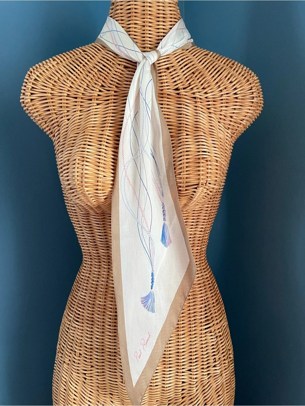 Paul Renard Vintage Silk Scarf Cream Beige Blue Tassel Print Pointed Edge